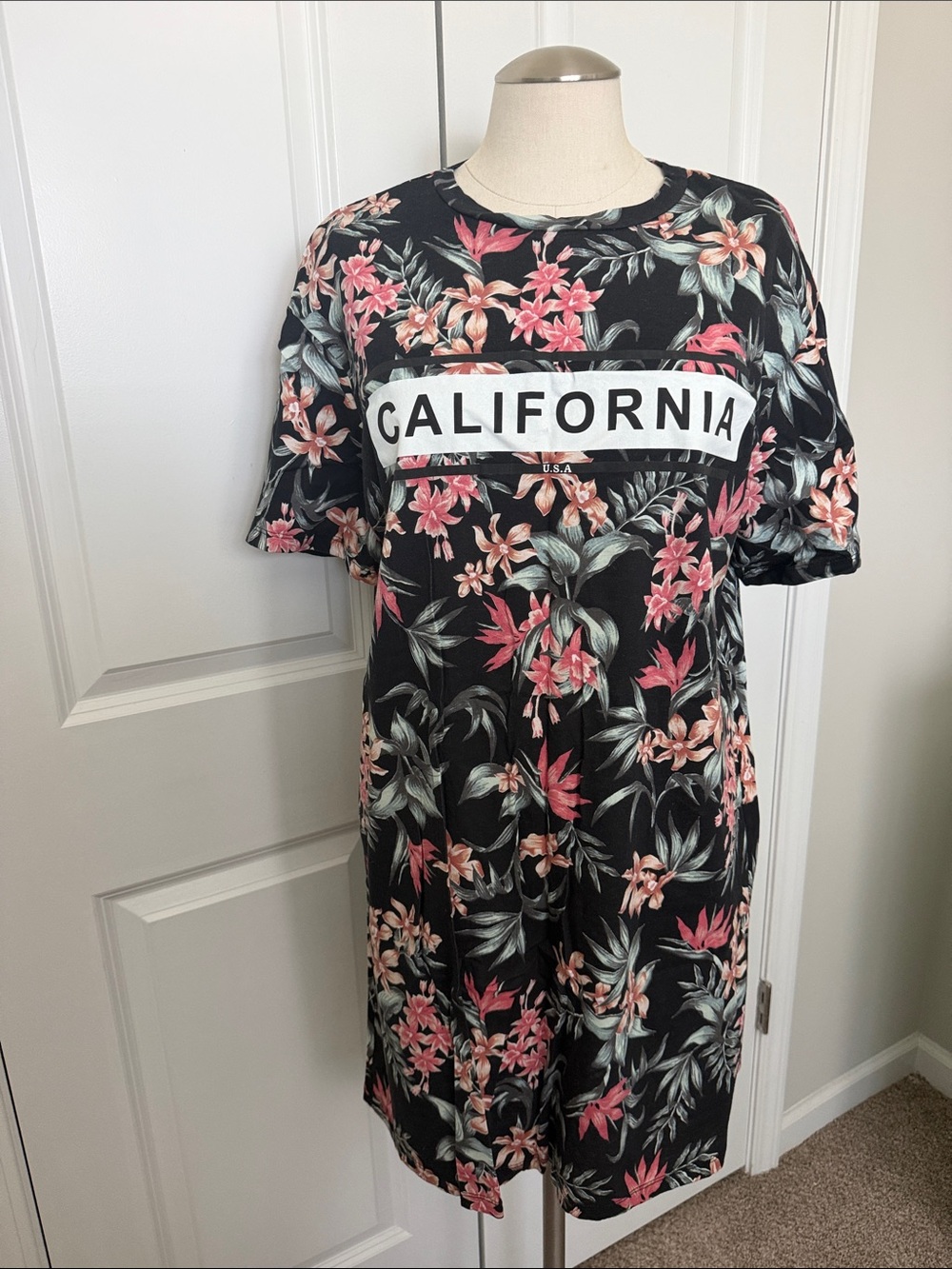 H&M Divided Floral Top in Black with Pink and Cream Accents